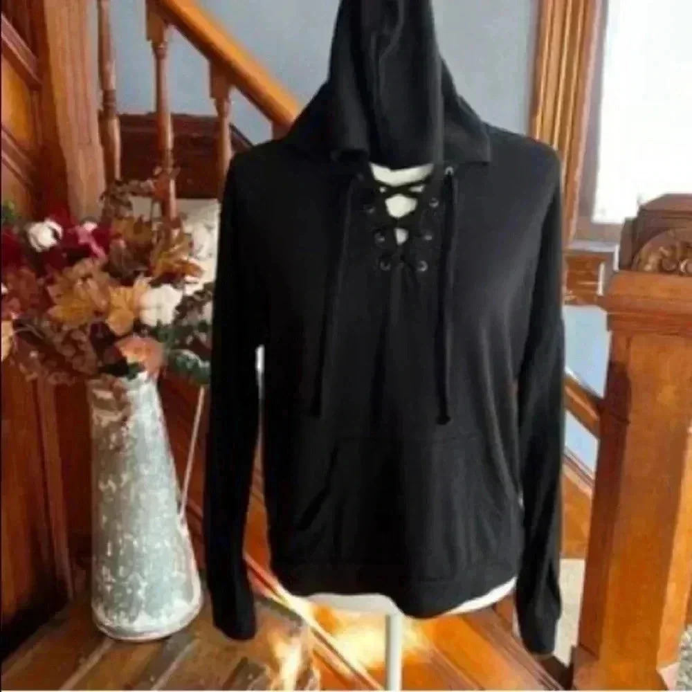 Pink Republic Black Lightweight Knit Hoodie Activewear Athletic Athleisure